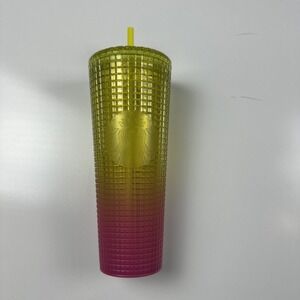 Starbucks Lemon Yellow Pink Grid Tumbler Venti 24 oz Cold Cup
